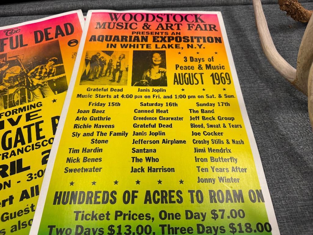 FOUR ROCK N ROLL CONCERT PROMOTIONAL POSTERS THE BEATLES, WOODSTOCK, THE GRATEFUL DEAD - 7