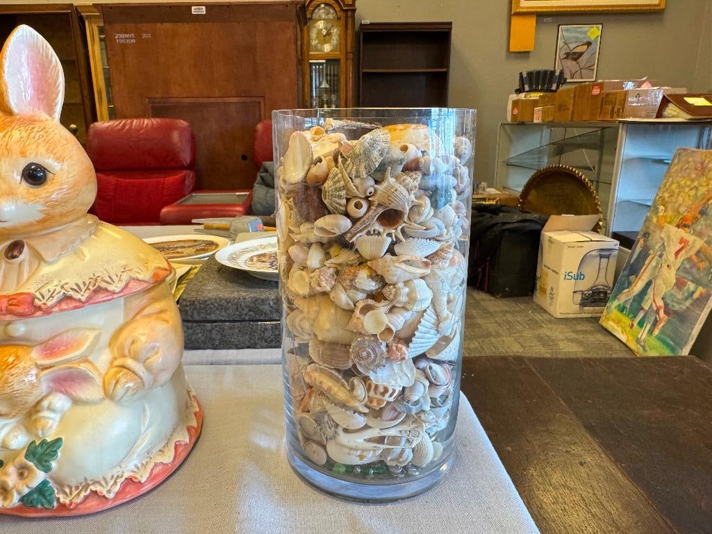 CYLINDRICAL GLASS VASE FILLED WITH VARIOUS SEASHELLS - 2