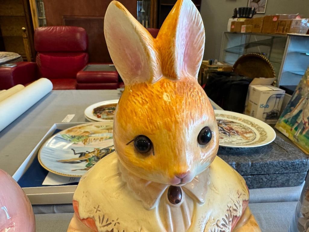 TWO CERAMIC HAND PAINTED BUNNY MOTIF COOKIE JARS INCLUDING ONE BY W.C.L. CHINA - 12