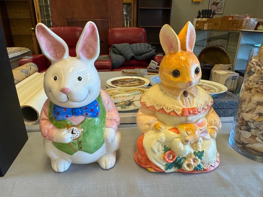 TWO CERAMIC HAND PAINTED BUNNY MOTIF COOKIE JARS INCLUDING ONE BY W.C.L. CHINA - 2
