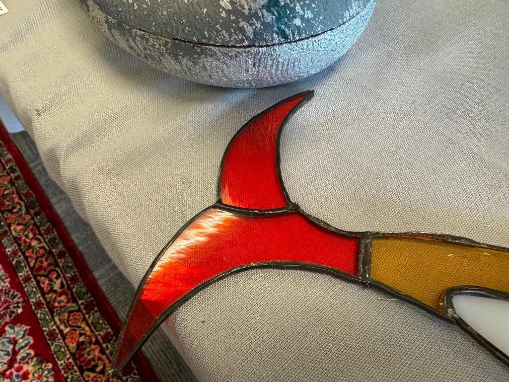 TWO LOCALLY MADE VIBRANT COLORED STAINED GLASS DESIGNS INCLUDING DOLPHIN AND BUTTERFLY - 10