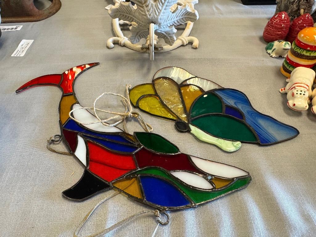 TWO LOCALLY MADE VIBRANT COLORED STAINED GLASS DESIGNS INCLUDING DOLPHIN AND BUTTERFLY - 2