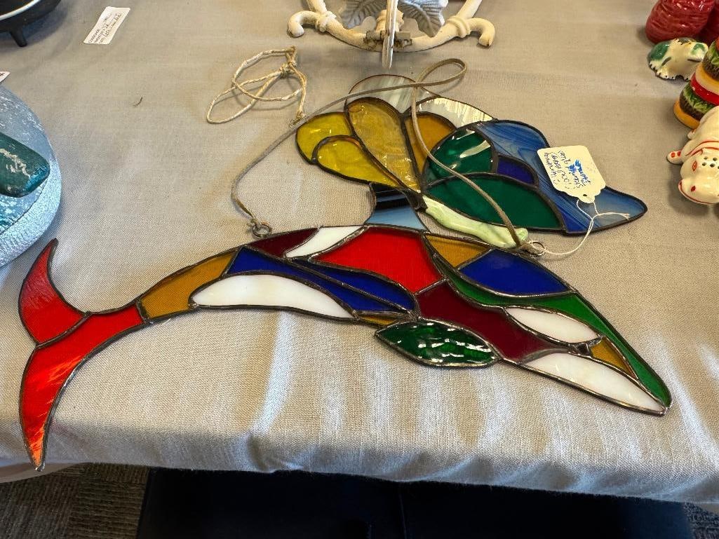 TWO LOCALLY MADE VIBRANT COLORED STAINED GLASS DESIGNS INCLUDING DOLPHIN AND BUTTERFLY - 5