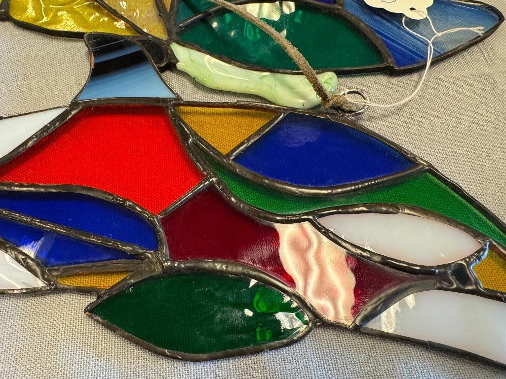 TWO LOCALLY MADE VIBRANT COLORED STAINED GLASS DESIGNS INCLUDING DOLPHIN AND BUTTERFLY - 7