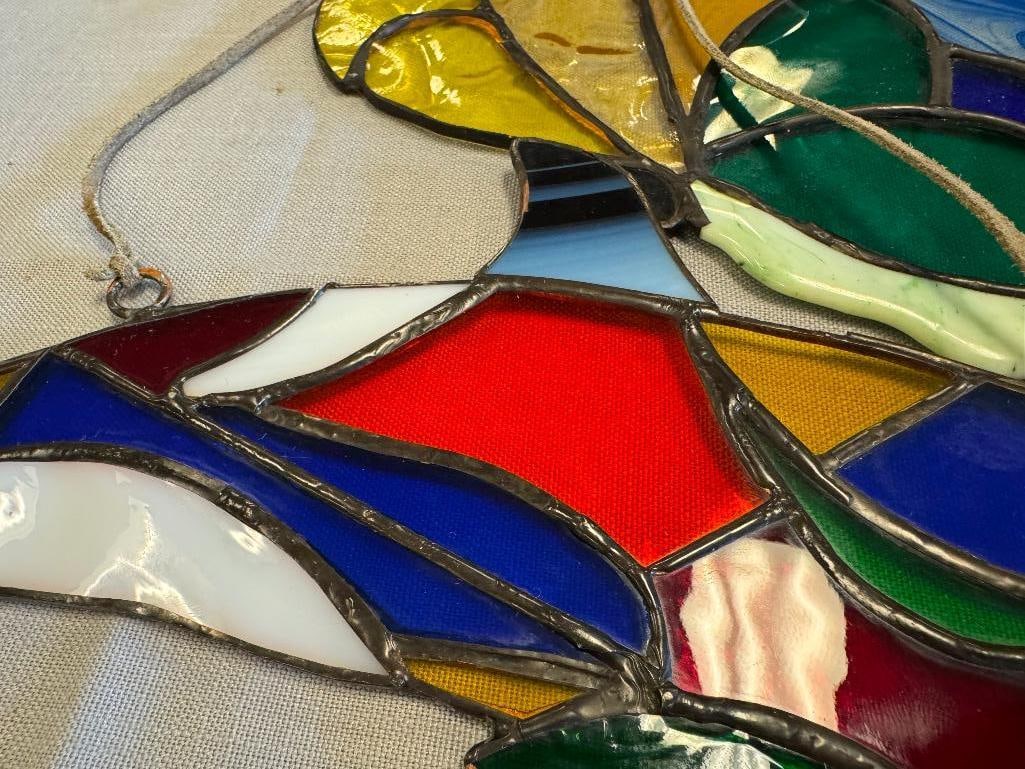 TWO LOCALLY MADE VIBRANT COLORED STAINED GLASS DESIGNS INCLUDING DOLPHIN AND BUTTERFLY - 8