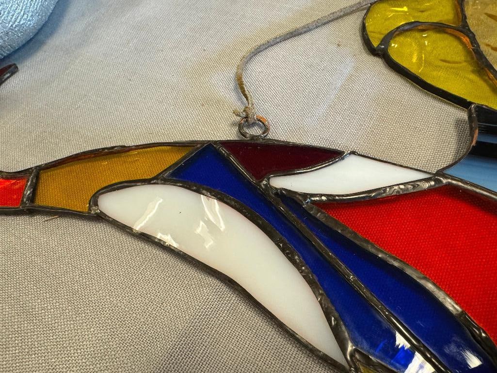 TWO LOCALLY MADE VIBRANT COLORED STAINED GLASS DESIGNS INCLUDING DOLPHIN AND BUTTERFLY - 9