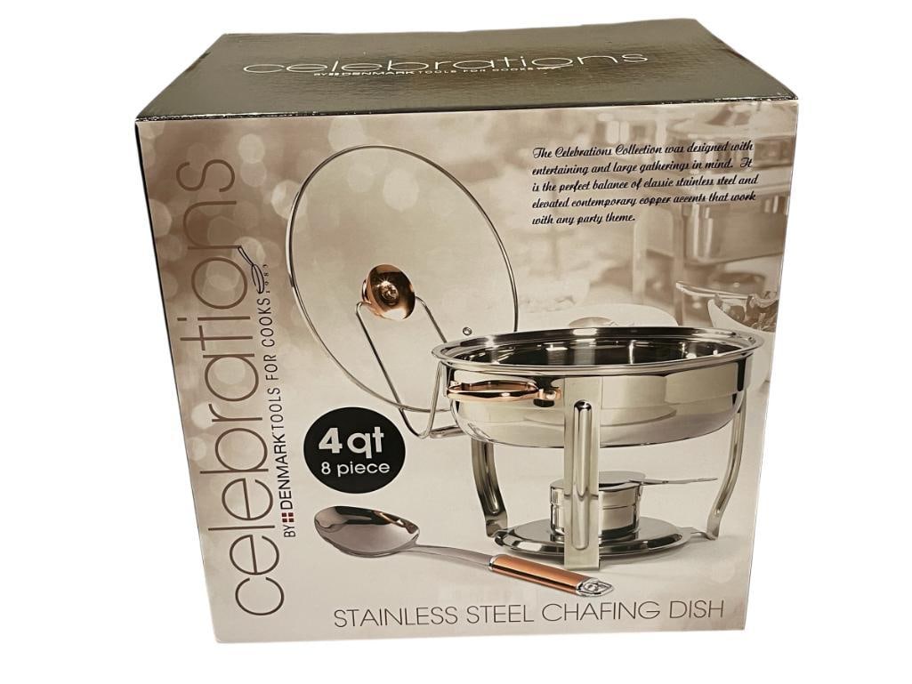 NEW IN BOX CELEBRATIONS BY DENMARK STAINLESS STEEL CHAFING DISH SET: EIGHT PIECE SET 4QT