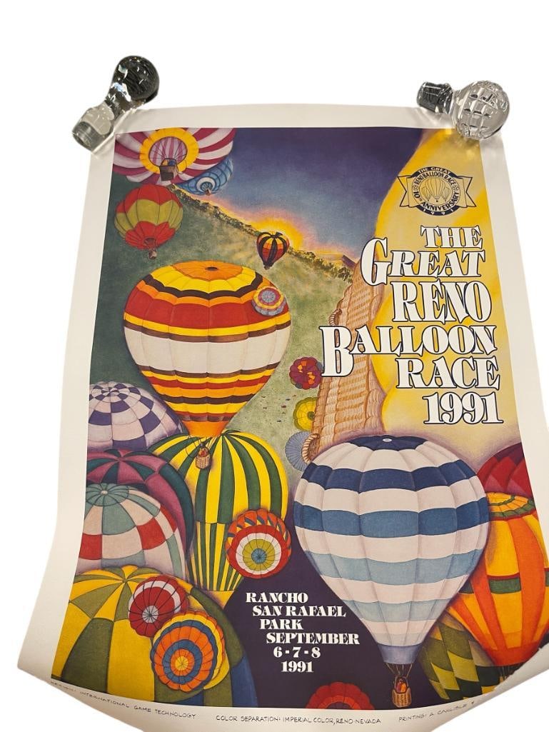 1991 THE GREAT RENO BALLOON AIR RACES PRINT: UNFRAMED, DESIGNED BY INTERNATIONAL GAME TECHNOLOGY AND PRINTED BY A. CARLISLE AND COMPANY OF RENO, NEVADA 17 1/4" X 24"