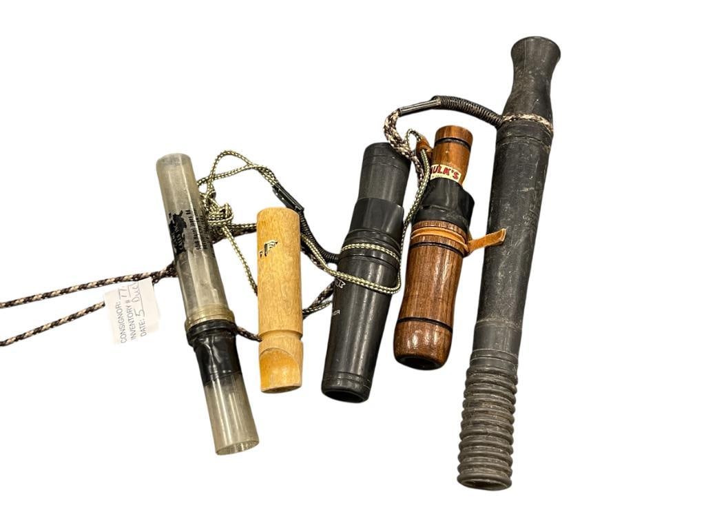 FIVE COLLECTIBLE DUCK CALLS INCLUDING H-81 HONKER BY HAYDEL, FAULKER'S H-100 HONKER CALL, AND MORE (1 of 6)