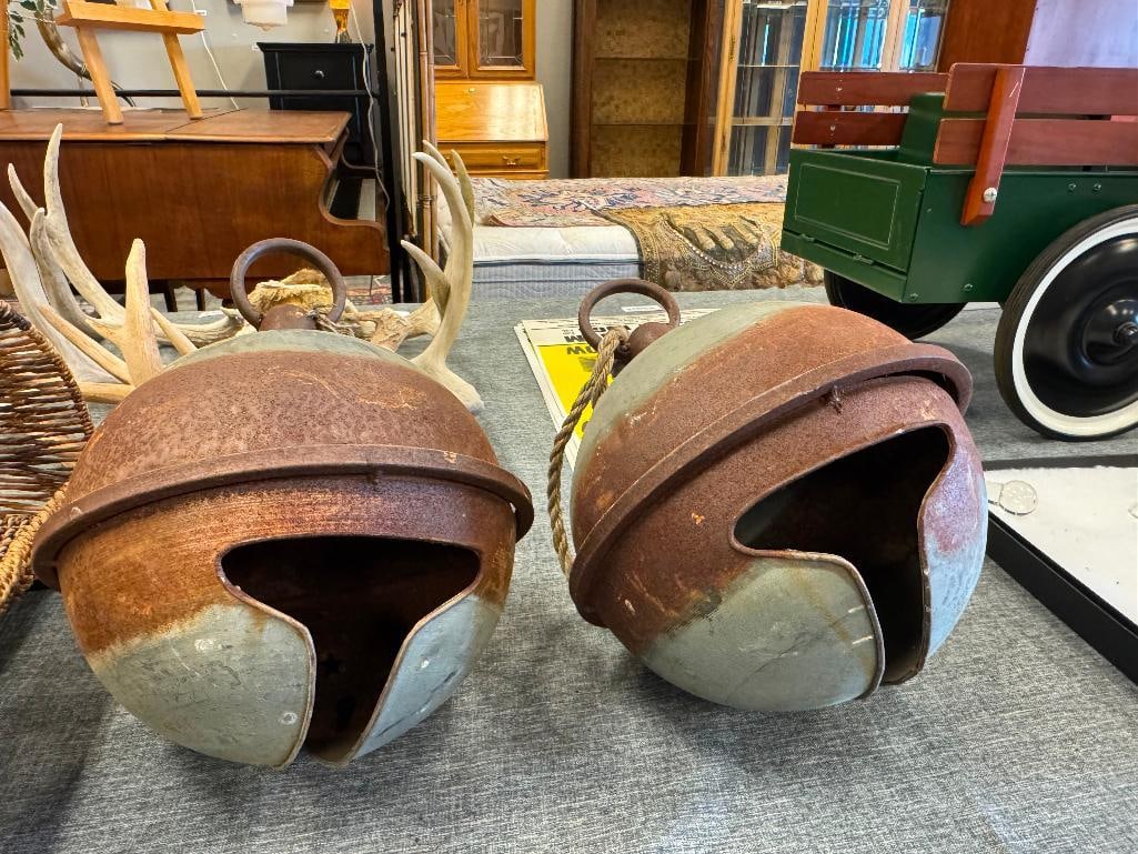 PAIR OF VINTAGE RUSTIC LARGE JINGEL BELLS WITH ROPE TIES - 2