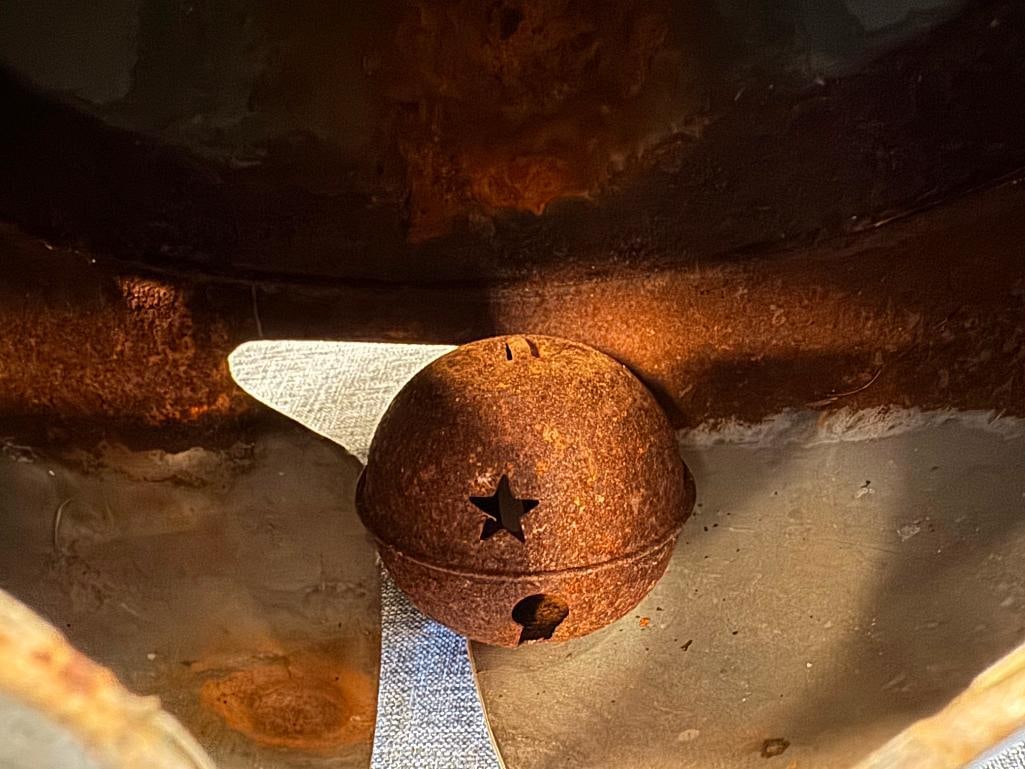 PAIR OF VINTAGE RUSTIC LARGE JINGEL BELLS WITH ROPE TIES - 6