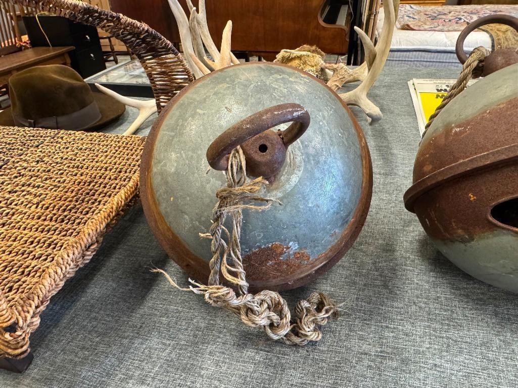 PAIR OF VINTAGE RUSTIC LARGE JINGEL BELLS WITH ROPE TIES - 8