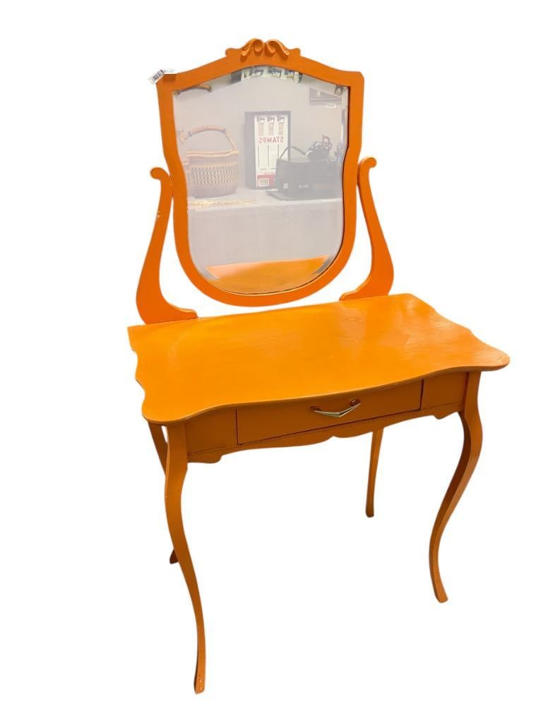 ANTIQUE TOLE PAINTED VIBRANT ORANGE VANITY FEATURING BEVELED GLASS MIRROR (1 of 9)