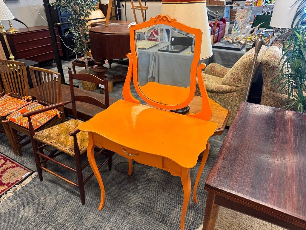 ANTIQUE TOLE PAINTED VIBRANT ORANGE VANITY FEATURING BEVELED GLASS MIRROR - 2