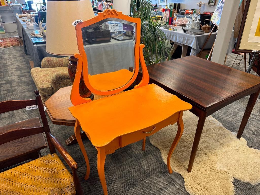 ANTIQUE TOLE PAINTED VIBRANT ORANGE VANITY FEATURING BEVELED GLASS MIRROR - 3