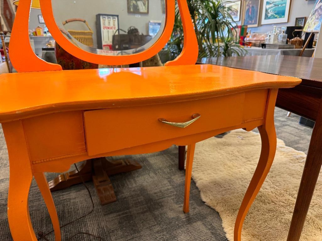ANTIQUE TOLE PAINTED VIBRANT ORANGE VANITY FEATURING BEVELED GLASS MIRROR - 4