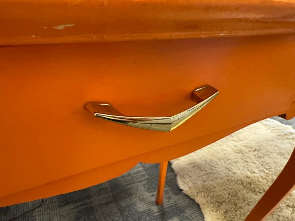 ANTIQUE TOLE PAINTED VIBRANT ORANGE VANITY FEATURING BEVELED GLASS MIRROR - 5