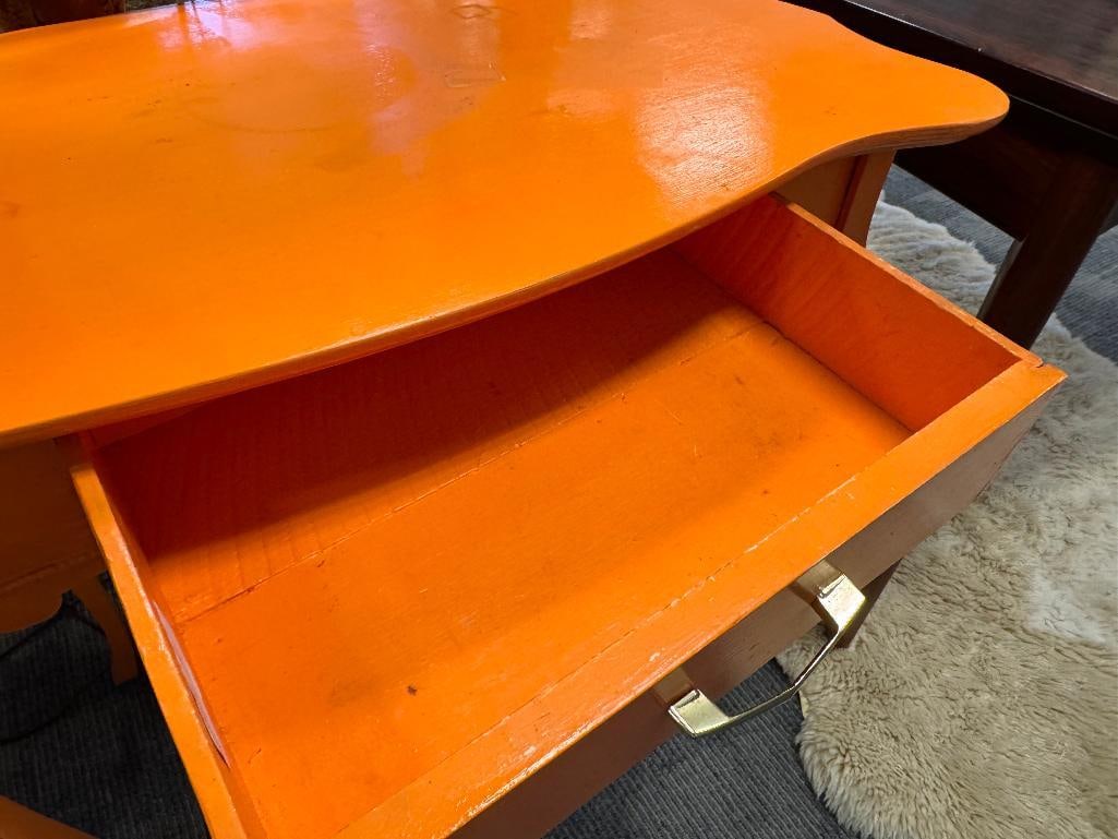 ANTIQUE TOLE PAINTED VIBRANT ORANGE VANITY FEATURING BEVELED GLASS MIRROR - 6