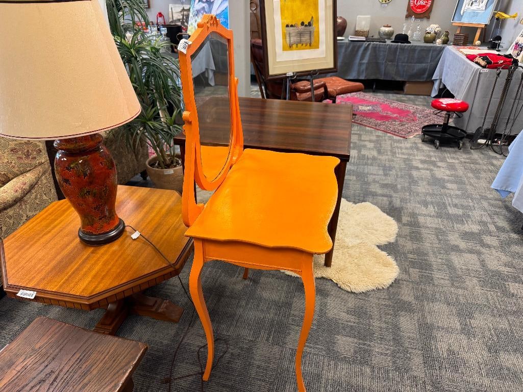 ANTIQUE TOLE PAINTED VIBRANT ORANGE VANITY FEATURING BEVELED GLASS MIRROR - 8