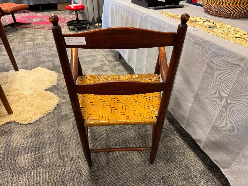 ANTIQUE WOOD ARMCHAIR WITH HAND WOVEN RUSH SEAT AND LADDER BACK - 10