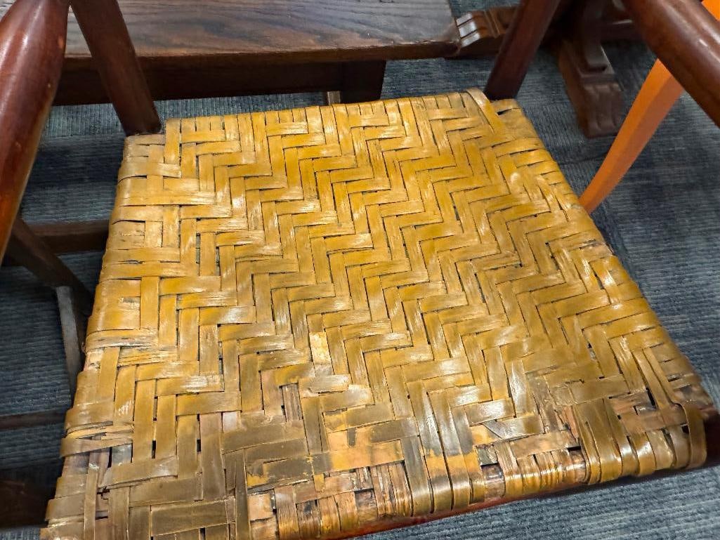 ANTIQUE WOOD ARMCHAIR WITH HAND WOVEN RUSH SEAT AND LADDER BACK - 5