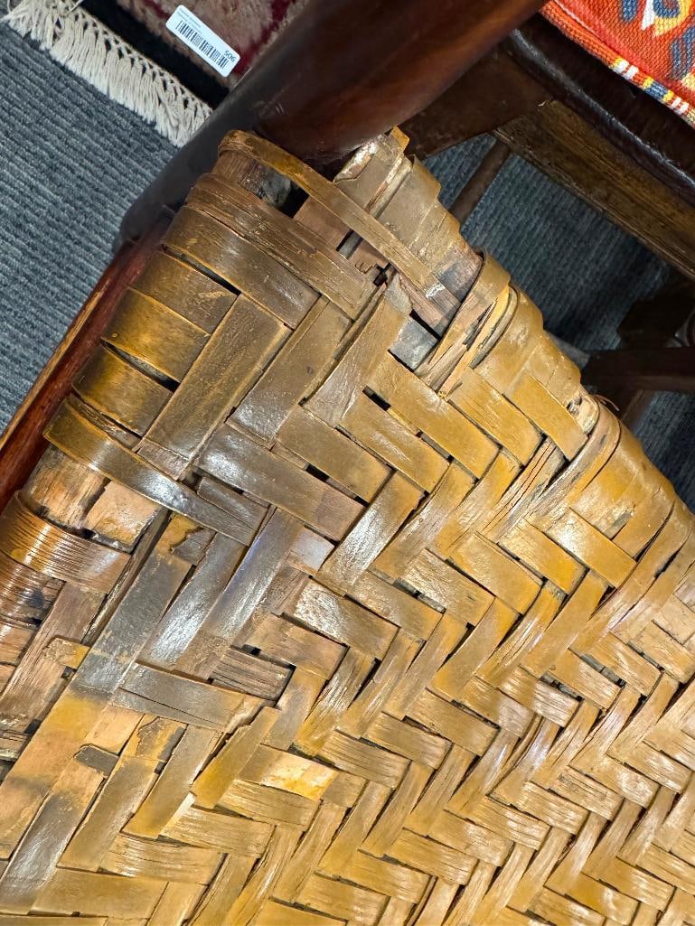 ANTIQUE WOOD ARMCHAIR WITH HAND WOVEN RUSH SEAT AND LADDER BACK - 6