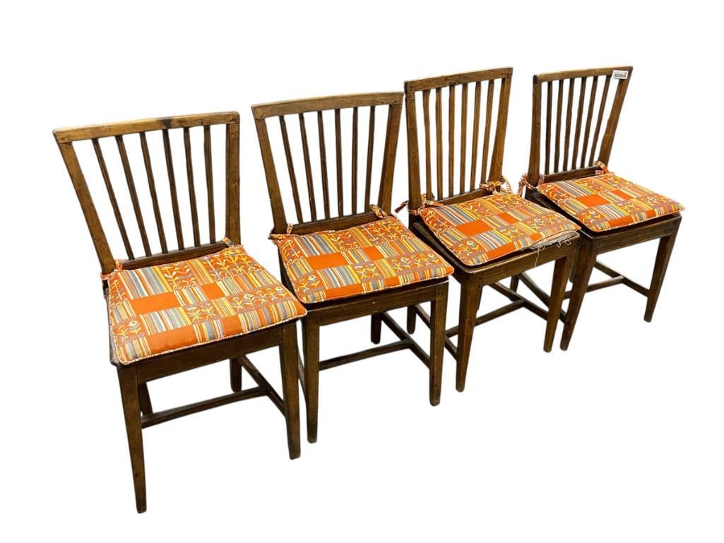 SET FOUR ANTIQUE PROVINCIAL GEORGIAN SHERATON SUFFOLK ELM CHAIRS FROM THE LEVI STRAUSS ESTATE: PROVENANCE IS WORD OF MOUTH ONLY AND STATED BY JACK BACON OF RENO, NEVADA, PURCHASED FROM THE LEVI STRAUSS SALE IN SAN FRANCISCO, INCLUDES FOUR PADDED UPHOLSTERED SEAT COVERS, ONE COVER HAS DAMAGE, IM