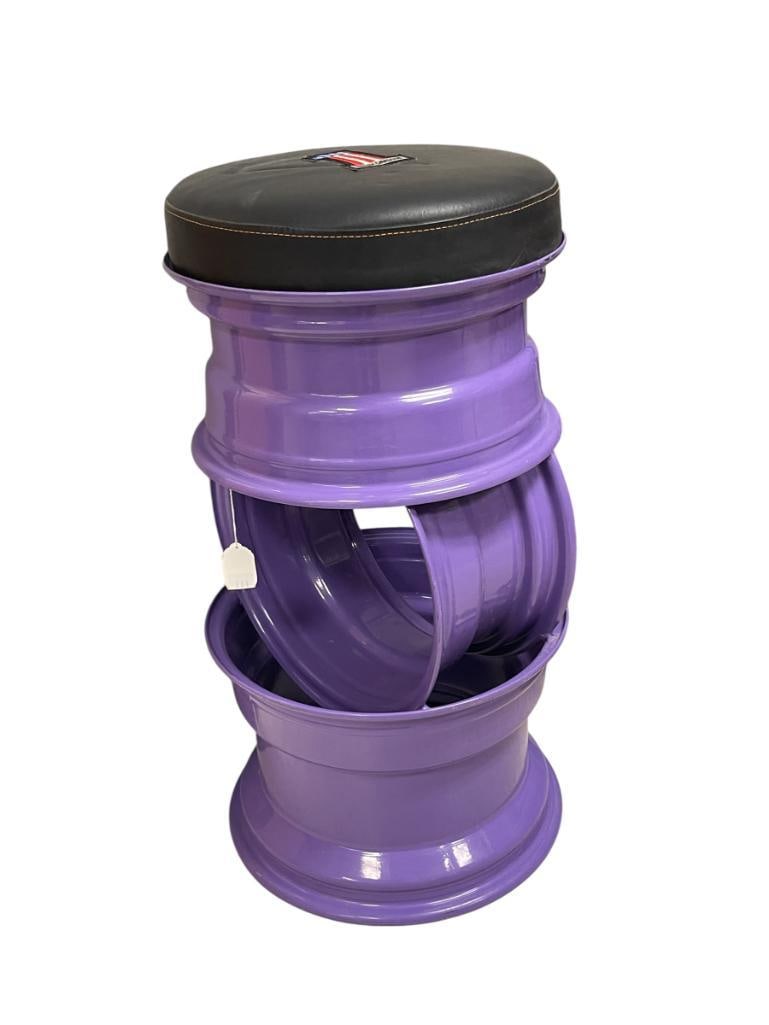 CUSTOM PETE PAULSON SHOP STOOL FEATURING PURPLE PAINTED RIMS WITH HARLEY DAVIDSON UPHOLSTERED SEAT: GOOD CONDITION, "WHEELS" BY PETE PAULSON OF FRENCH CAMP, CALIFORNIA 15" X 30"