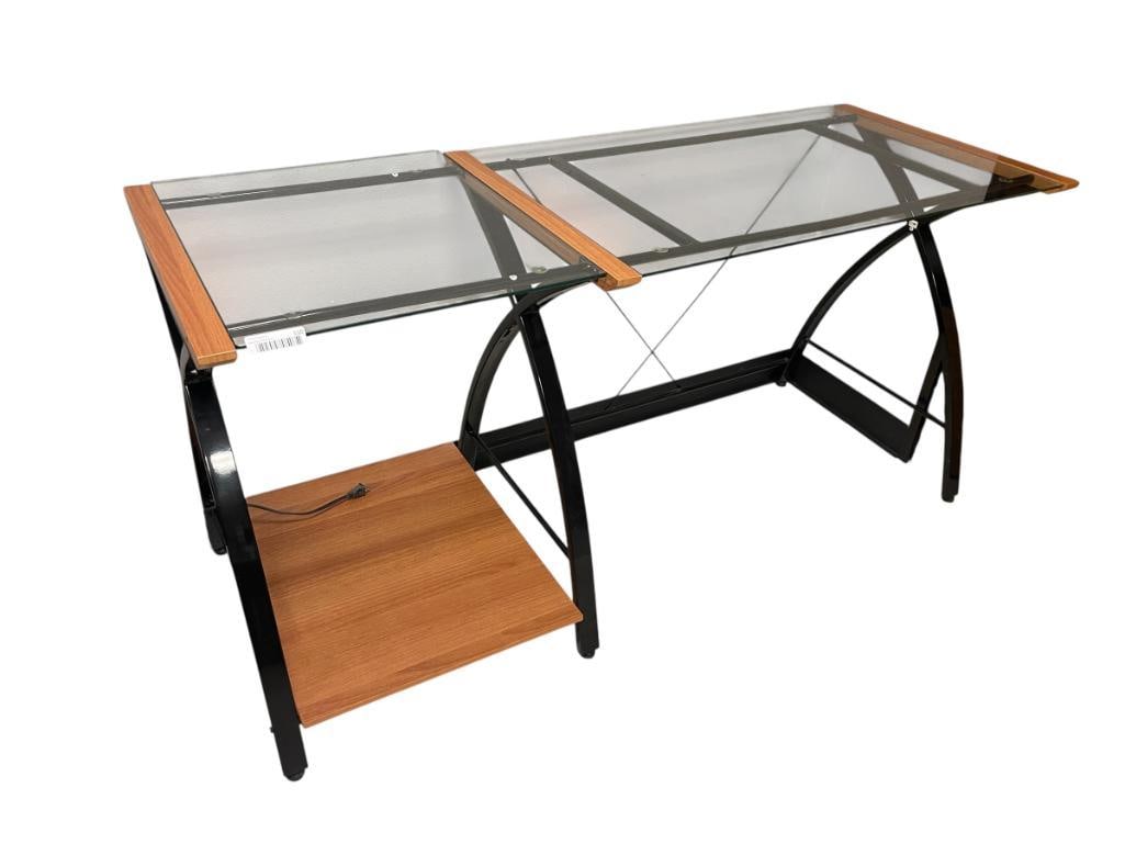ELEGANT MODERN GLASS TOP DESK WITH WOOD AND BLACK METAL FRAME (1 of 6)