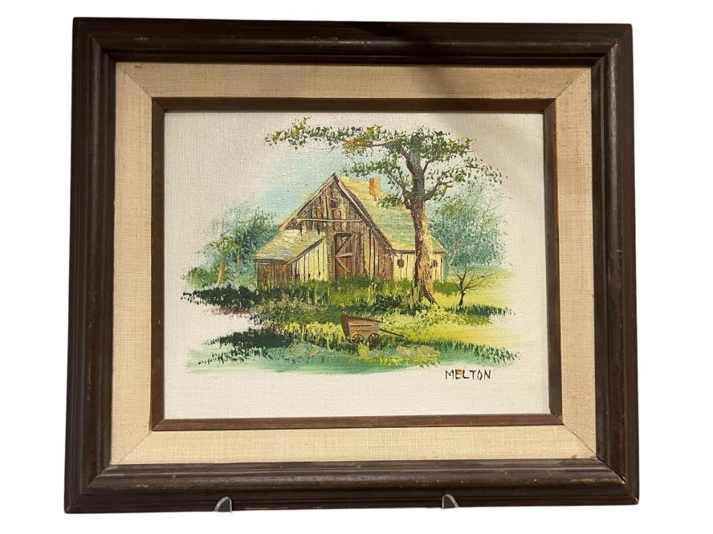 ORIGINAL OIL ON CANVAS PAINTING OF COUNTRYSIDE LANDSCAPE WITH BARN SIGNED BY ARTIST MELTON (1 of 10)