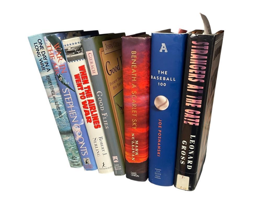 SEVEN COLLECTIBLE HARD COVER BOOKS INCLUDING " THE BASEBALL 100 " AND " STRANGERS AT THE GATE ": INCLUDES AUTHORS LEONARD GROSS, JOE POSNANSKI, ROBERT J. SERLING, STEPHEN COONTS, AND MORE, ALL INCLUDES ORIGINAL DUST JACKETS, SEE PHOTOS FOR TITLES