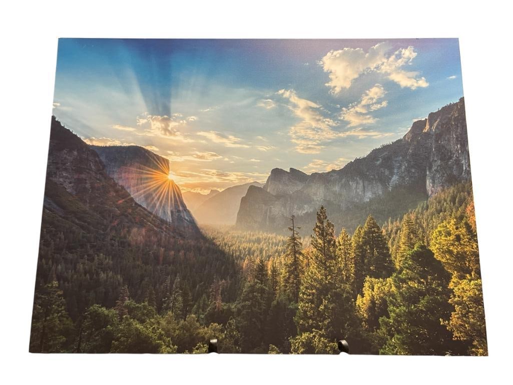 STUNNING YOSEMITE NATIONAL PARK SUNRISE PHOTOGRAPH PRINT ON HAR DPLASTIC SOLD BY CLARS AUCTION HO...: YOSEMITE, CALIFORNIA, HALF DOME, HAS CLARS AUCTION TAG ON BACK, UNFRAMED 24" X 18" 
