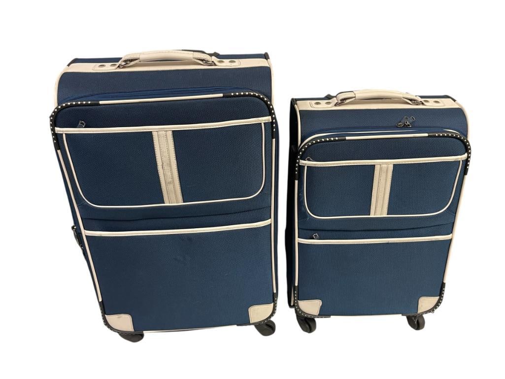 SET OF TWO COOLIFE LUGGAGE SUITCASES: NAVY BLUE AND WHITE SOFT SHELL DESIGN, FEATURING JACQUARD OXFORD CLOTH AND 360 DEGRESS SPINNER WHEELS FOR EASY HANDLING 26" AND 22" H 
