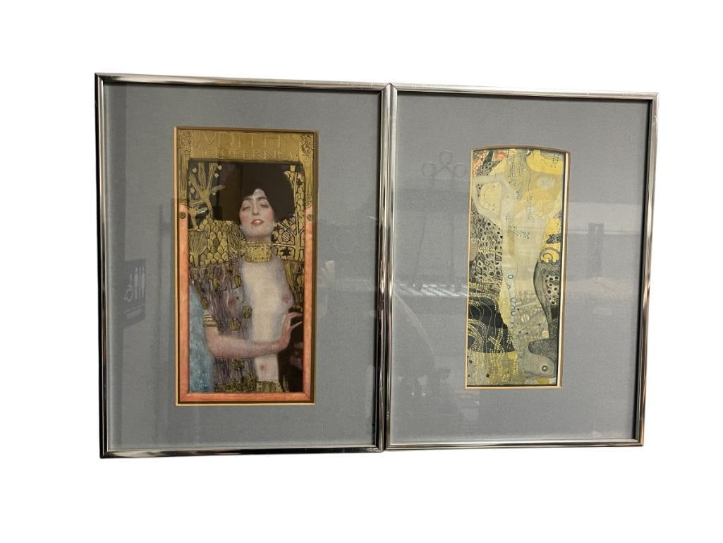 TWO FRAMED PRINTS BY GUSTAV KLIMT INCLUDING " JUDITH AND THE HEAD OF HOLOFERNES ": VIENNA SECESSION MOVEMENT, BOTH FRAMED AND MATTED, OTHER PRINT IS " WATER SERPANTS I " 12" X 16" FRAMES 