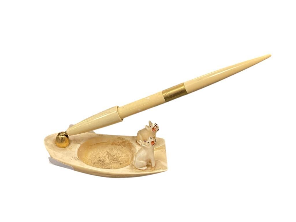 VINTAGE EARLY 20TH CENTURY INUIT CARVED DESK PEN HOLDER WITH DOG FIGURES: INCLUDES PEN 4 1/2'' L PEN HOLDER