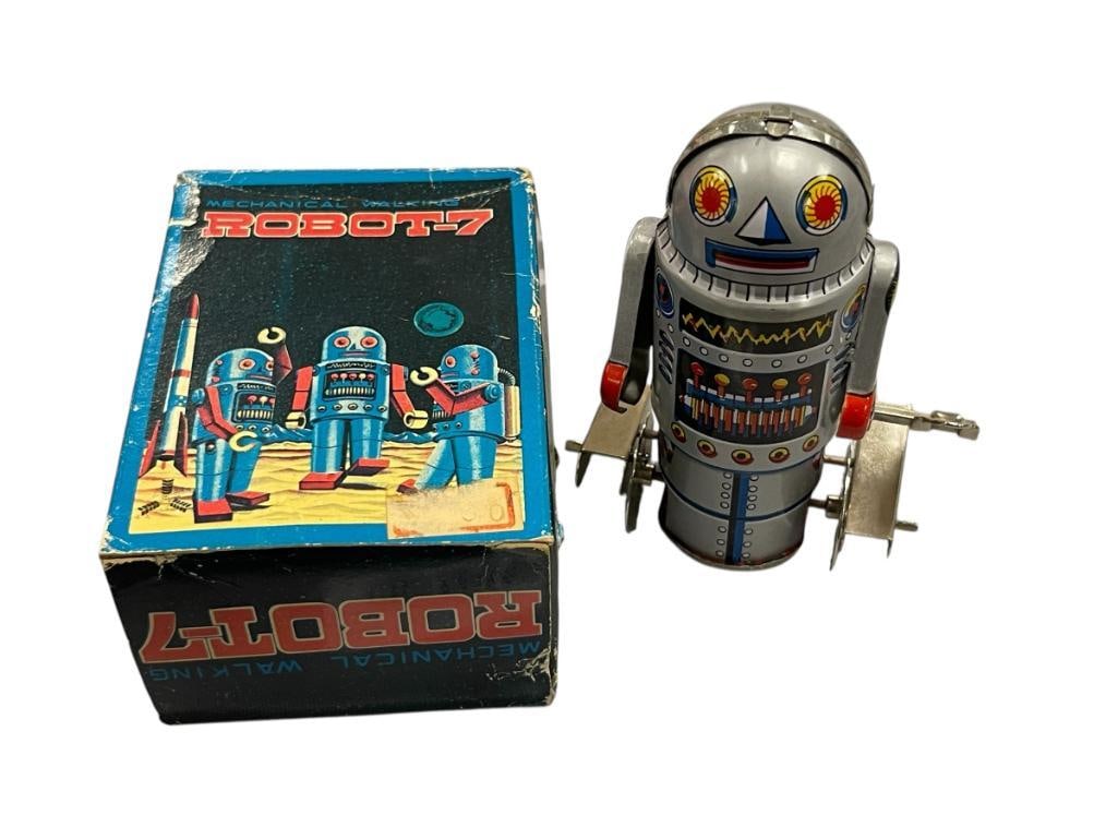 VINTAGE ROBOT-7 WIND-UP MECHANICAL WALKING TIN TOY ROBOT INCLUDING ORIGINAL BOX (1 of 12)