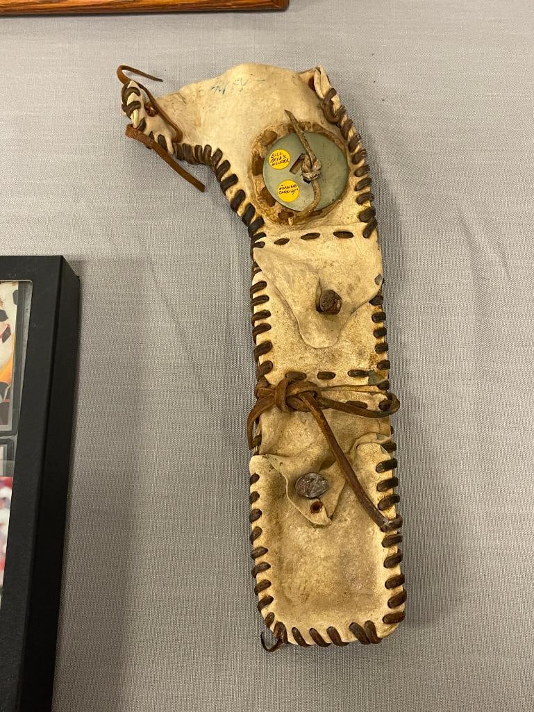 VINTAGE LEATHER LONG BARREL REVOLVER HOLSTER WITH TWO POUCHES AND SILVER CONCHO - 2