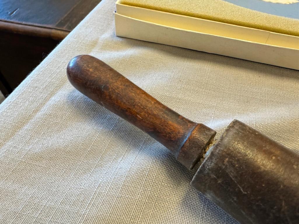 FOUR VINTAGE KITCHEN GADGETS MOULI GRATER, ICE CRUSHER, SMALL ROLLING PIN, AND WOOD MIXING STICK - 10
