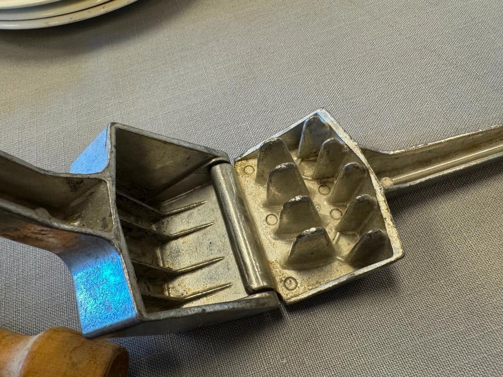 FOUR VINTAGE KITCHEN GADGETS MOULI GRATER, ICE CRUSHER, SMALL ROLLING PIN, AND WOOD MIXING STICK - 13