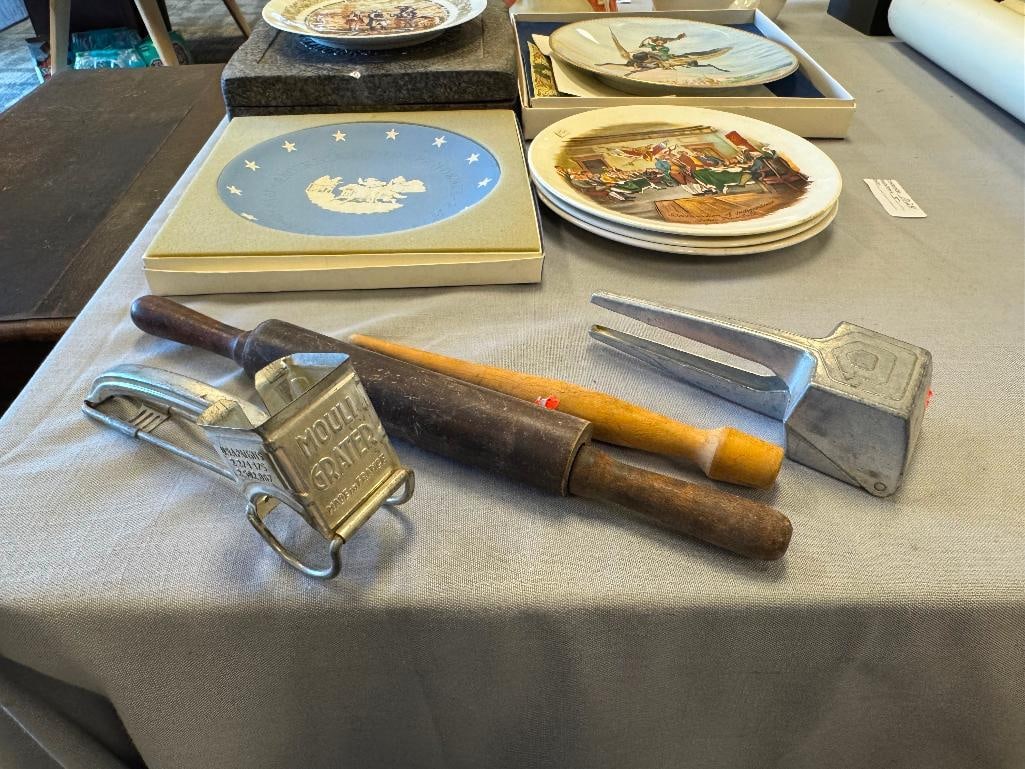 FOUR VINTAGE KITCHEN GADGETS MOULI GRATER, ICE CRUSHER, SMALL ROLLING PIN, AND WOOD MIXING STICK - 2