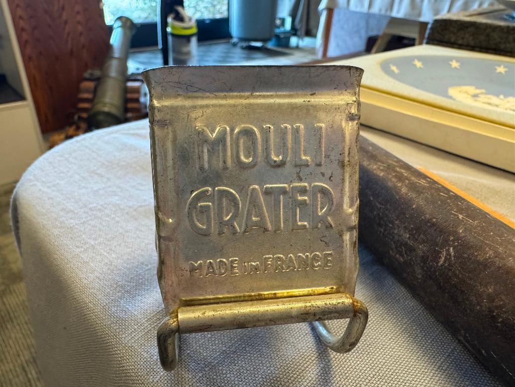 FOUR VINTAGE KITCHEN GADGETS MOULI GRATER, ICE CRUSHER, SMALL ROLLING PIN, AND WOOD MIXING STICK - 5