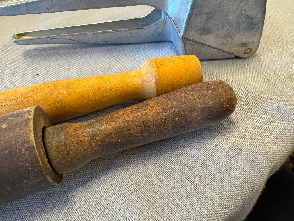 FOUR VINTAGE KITCHEN GADGETS MOULI GRATER, ICE CRUSHER, SMALL ROLLING PIN, AND WOOD MIXING STICK - 9
