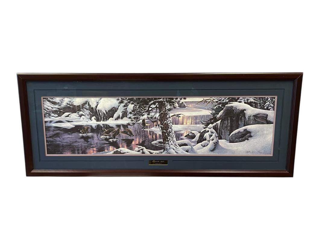 STEPHEN LYMAN AMERICAN WILDLIFE AND LANDSCAPE ARTIST LIMITED EDITION PRINT TITLED RIVER OF LIGHT: STEPHEN LYMAN (1957-1996) AMERICAN PAINTER, PHOTOGRAPHER, AND WRITER WHO EXPRESSED HIS ART THROUGH EXPLORING, ART DEPICTS WINTER SCENE OF GEESE FLYING INTO BODY OF WATER, SIGNER LOWER RIGHT, NO. 446/2