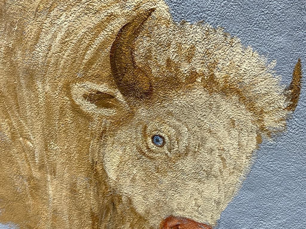 ORIGINAL OIL PAINTING ON DEER HIDE BY NAVAJO ARTIST JIMMY YELLOWHAIR OF WHITE ALBINO BUFFALO - 3