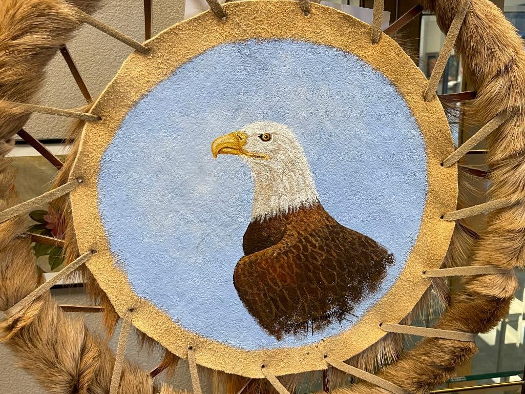 ORIGINAL OIL PAINTING ON DEER HIDE BY NAVAJO ARTIST JIMMY YELLOWHAIR OF BALD EAGLE - 2