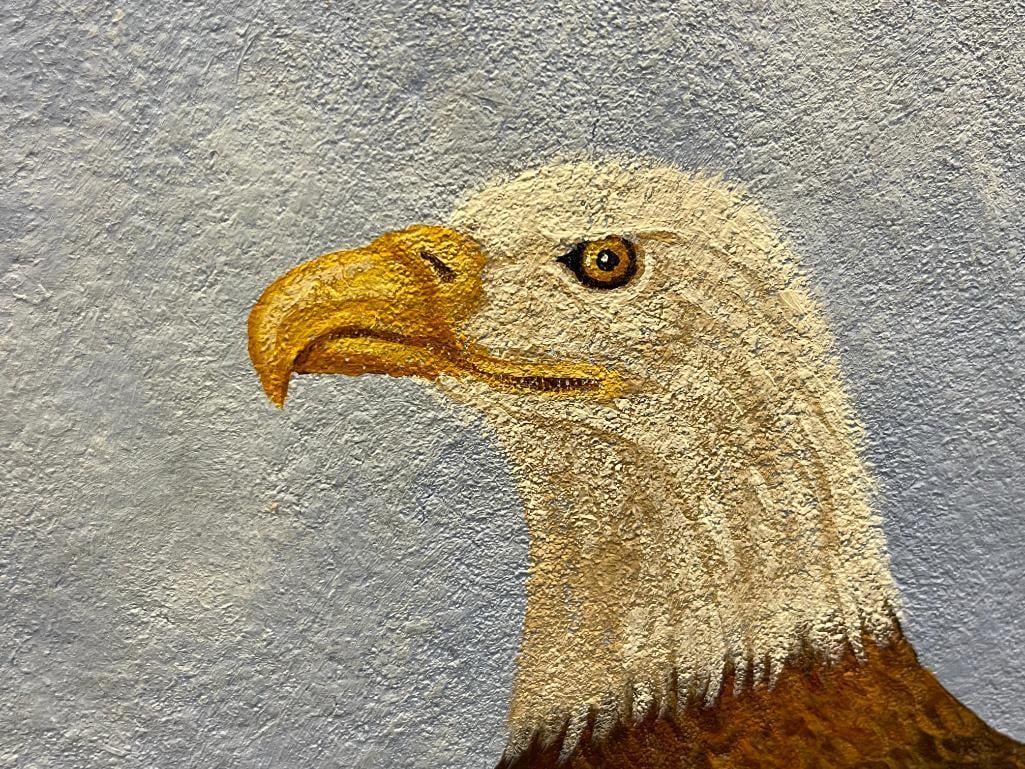 ORIGINAL OIL PAINTING ON DEER HIDE BY NAVAJO ARTIST JIMMY YELLOWHAIR OF BALD EAGLE - 3