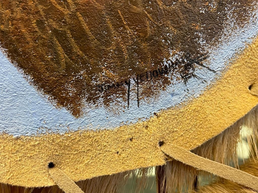 ORIGINAL OIL PAINTING ON DEER HIDE BY NAVAJO ARTIST JIMMY YELLOWHAIR OF BALD EAGLE - 4