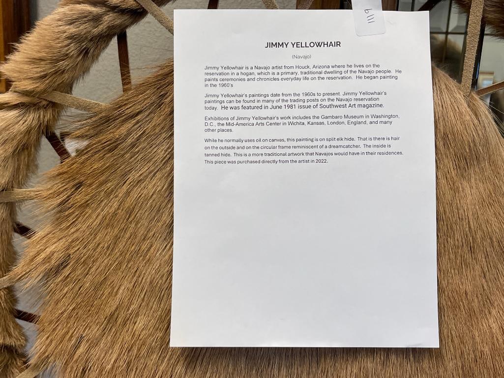 ORIGINAL OIL PAINTING ON DEER HIDE BY NAVAJO ARTIST JIMMY YELLOWHAIR OF BALD EAGLE - 6