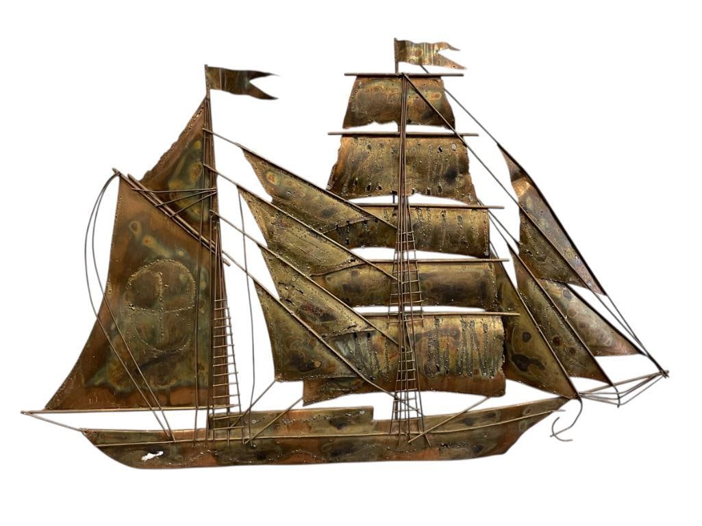 VINTAGE METAL ART COPPER TWO-MAST SAILING SHIP WALL ART MODEL: METAL WIRE AND COPPER PANEL ART 39" X 25"