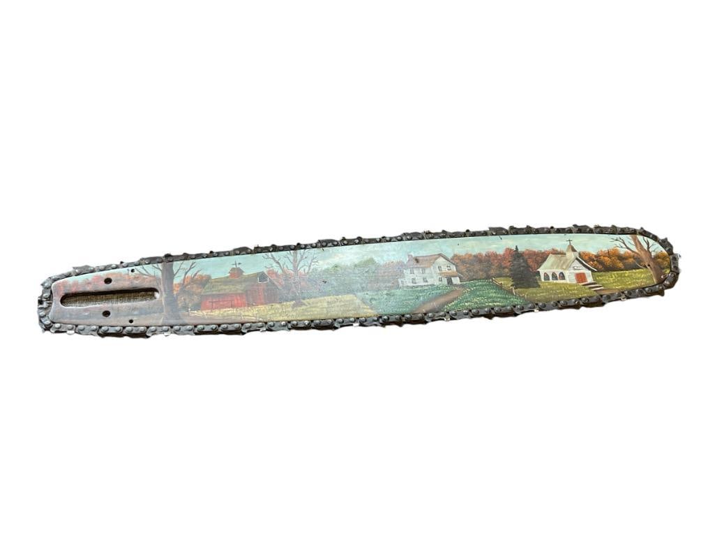 VINTAGE HAND PAINTED CHAINSAW BAR WITH COLONIAL / FOLK ART SCENE (1 of 8)